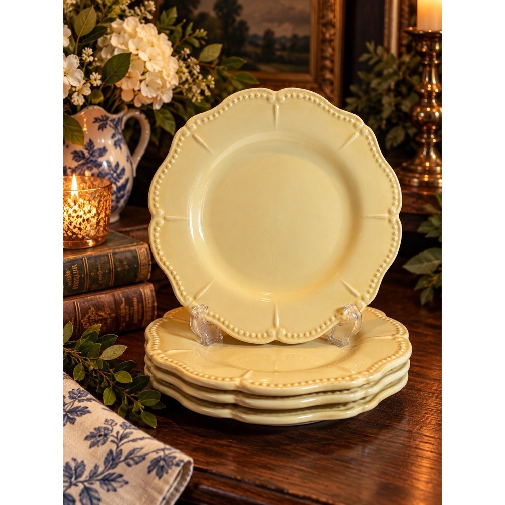 Chris Madden Adaline 9in Salad Plates Set of 4 Pale Yellow Scalloped Beaded JCP